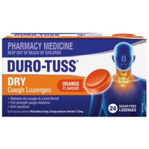 Duro-Tuss Cough Sugar Free Dry Orange - 24 Lozenges This medicine may not be right for you. Read the label before purchase. Follow the directions for use. Incorrect use could be harmful. If symptoms persist, talk to your healthcare professional.